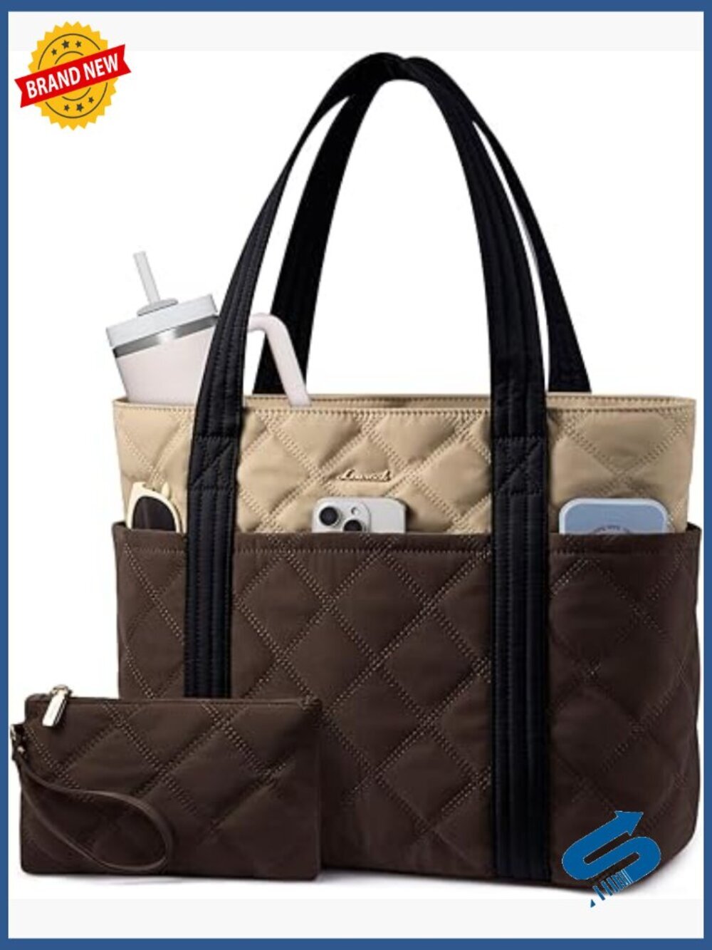 Puffer Tote Bag with Cup Holder, 27L Spacious Laptop Tote, Work Travel Bag for